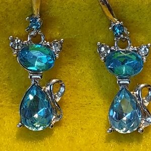 Blue Rhinestones cat hook earrings